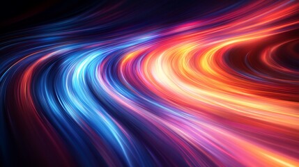 Abstract flowing lines of vibrant color. Blue, orange, and red light trails create an energetic visual. Dynamic motion
