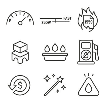 Gas Fee Optimization Icons. Outline style icon of Gas Fee Optimization: gas gauge, slow-fast slider, EIP-1559 burn, layer-2 bridge