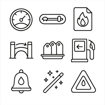 Gas Fee Optimization Icons. Outline style icon of Gas Fee Optimization: gas gauge, slow-fast slider, EIP-1559 burn, layer-2 bridge