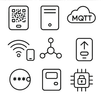 IoT Network Iconography. Outline style icon of IoT Network Provisioning: device QR, bootstrap server, MQTT broker cloud, wifi