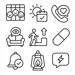 Depression Support Icons. Outline style icon of Depression Support Symbols: mood tracker chart, activity scheduling sun, support