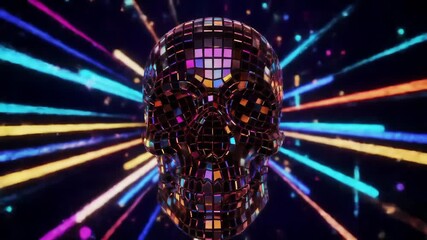 Rotating mirrored disco skull with dynamic neon light beams, surreal nightclub energy, hyper-detailed 3D animation - Powered by Adobe