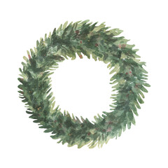 Green fir wreath with gold splashes. Hand-painted watercolor illustration of winter decor isolated on white background. Perfect for holiday cards, invitations, branding, packaging, holiday design