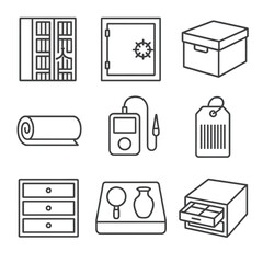 Archival Storage Icon. Outline style icon of Archival Storage Areas: compact shelving rack, climate vault door, acid-free box,