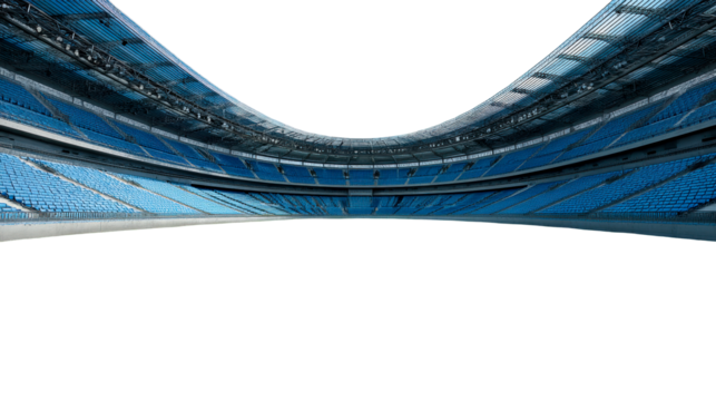 Modern curved stadium design with rows of blue seating