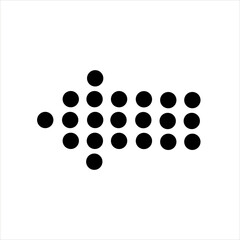 Dotted black arrow pointing left on white background. Halftone-style rewind or back icon for digital UI, media control, navigation, and tech interface design.