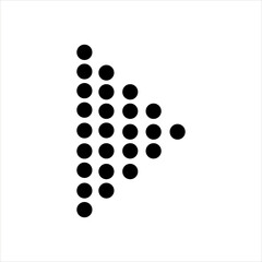 Play arrow made of black dots pointing right. Abstract halftone triangle icon for media control, interface design, web navigation, or digital button element.
