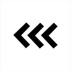 Three bold black chevron arrows pointing left on white background. Rewind or back icon for media player, UI navigation, digital interface, or directional control button.