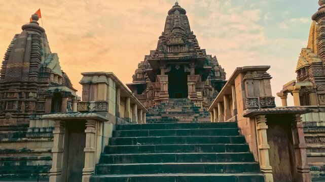 Khajuraho, presented in a cinematic vision, showcasing its ancient temples, intricate sculptures, and sacred ambiance through dramatic visuals.