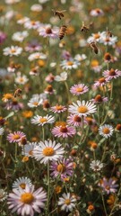 A field of daisies with several bees flying around and above the flowers in a natural setting outdoors
