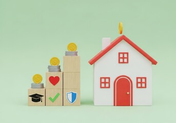 Financial growth and savings for a home with symbols of education health and security