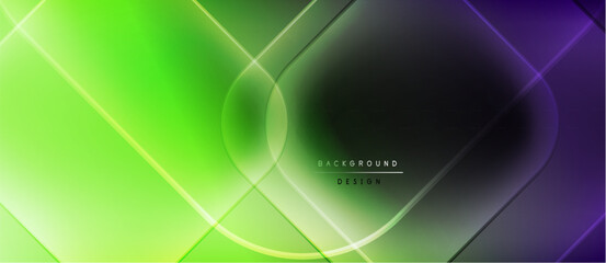 Abstract gradient background. Bright green blends into purple. Geometric shapes overlap, creating dynamic visual effect. Minimal text present.