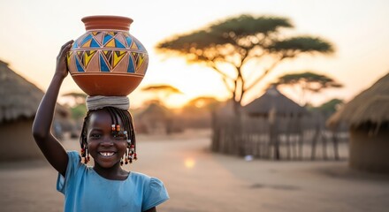 Smiling African Girl Carrying Water Pot on Head in Rural Village at Sunset