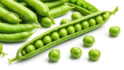 Open pea pods of bright green color are beautifully arranged on a white background. Each pod contains a row of rounded peas.