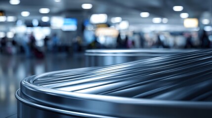The luggage carousel with blurred travelers in a busy airport terminal.