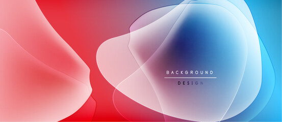 Abstract fluid shapes blend, creating vibrant red, blue gradients. Modern design elements suggest dynamic movement, soft textures.