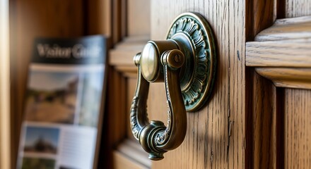 Antique door knocker adorns a wooden door with intricate design and a visitor guide in the