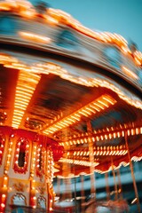 Carousel spinning at high speed with blurred motion at dusk