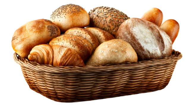 Freshly baked bread assortment in a woven basket