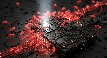 Conceptual rendering illustrating cyber attack with virus infecting circuit board