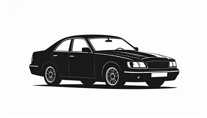 Fototapeta premium Vector silhouette of a classic sedan car in black on white, clean and minimal style ideal for a car-related logo or branding concept. 