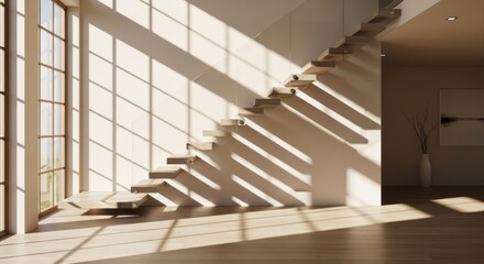 Fototapeta premium Architectural Harmony: Light and Shadow Play on a Modern Floating Staircase