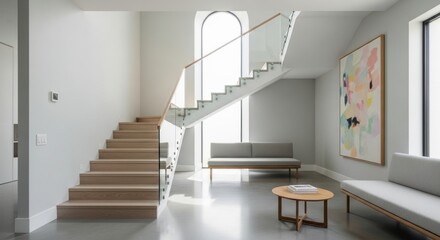Architectural Harmony: Wood and Glass Staircase in a Sun-Drenched Minimalist Foyer