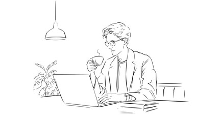 Illustration of a man working on a laptop while drinking coffee in a modern office setting indoors