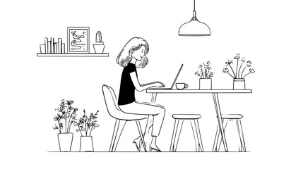 A woman working on a laptop at a table with plants and stools in a bright and minimalist room setting