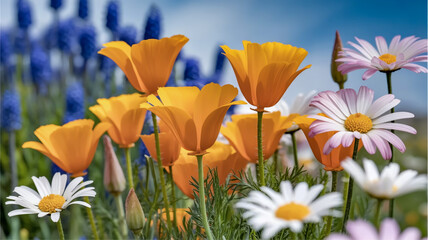 A close-up nature photograph of California poppies and white daisies in full bloom against a soft blue sky background.