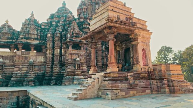 Ancient Khajuraho temples in India, famous for their intricate stone carvings and iconic sculptures depicting spirituality, mythology, and daily life.