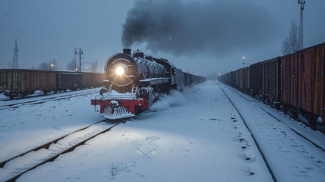 Train yard vintage steam locomotive with headlight illuminated surrounded by freight cars in snowy winter evening setting with dark smoke billowing from smokestack