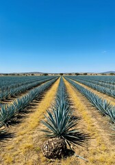 desert landscape with palm trees, Vast blue agave fields stretch under brilliant blue sky, showcasing rows of succulent plants common in Mexico. This vibrant landscape evokes sense of natural beauty a