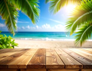 Wooden planks foreground a tropical beach scene; ocean, sand, palms