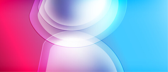 Abstract gradients blend pink, blue, white. Overlapping curves create luminous, flowing shapes. Modern design, vibrant colors, smooth transitions.