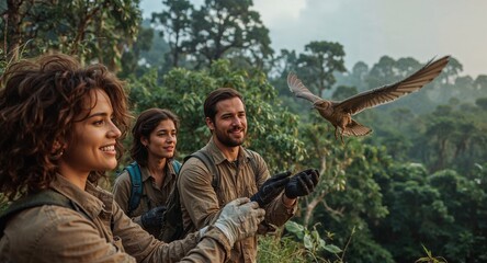 Three people in the forest with a bird flying toward outstretched hands in a lush green environment