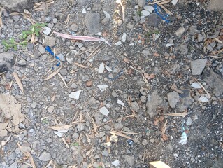 The image shows a close-up of dry, cracked, and rocky ground with patches of brown and green grass.