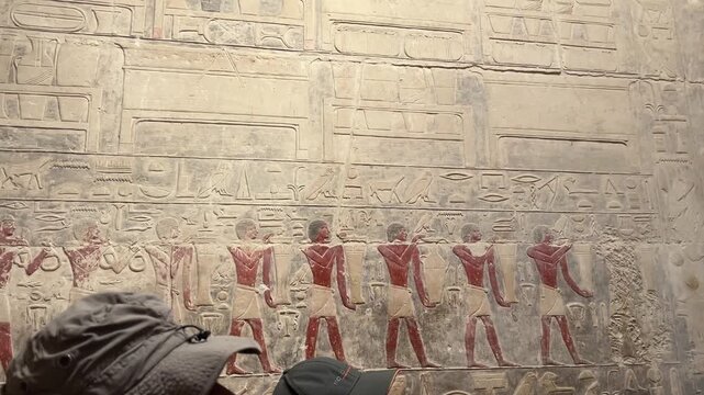 Saqqara, Egypt - Feb 5, 2024: intricate relief art from Kagemni's mastaba in the Saqqara Necropolis, showcasing ancient Egyptian craftsmanship and culture.