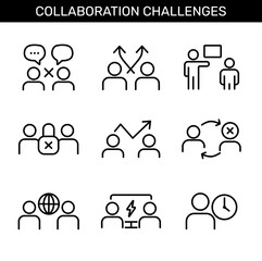 Collaboration challenges icon set. Outline icons for teamwork problems: miscommunication, conflicting goals, poor feedback, access denial, conflict, trust issues, language barrier, time zones