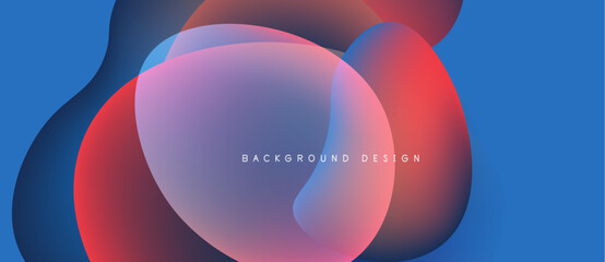 Abstract fluid shapes overlap, creating vibrant color gradients. Blue, red, pink hues blend seamlessly. Modern design element.