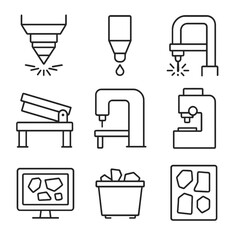 Cutting Tools Icons. Outline style icon of Cutting & Shearing Operations: laser cutter head, waterjet nozzle, plasma torch,