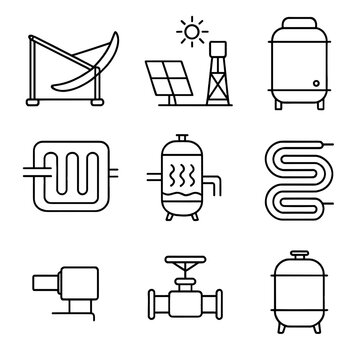 Solar Thermal Components Icons. Outline style icon of Solar Thermal CSP Systems: parabolic trough, heliostat mirror, central