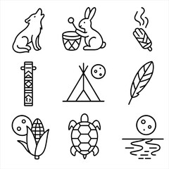 Native Moon Iconography. Outline style icon of Native American Moon Tales: coyote howl, rabbit drum, cedar smoke, story stick,