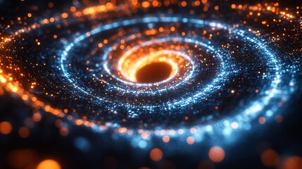 Abstract digital spiral vortex, glowing particles in orange and blue. Concentric, swirling patterns