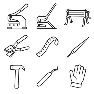 Metalworking Tool Icons. Outline style icons of Metalworking Tool: sheet metal shear, brake press lever, slip roll machine, hand