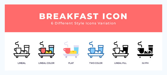 Breakfast icon set with different styles. Vector illustration.