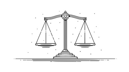 Illustration of a balance scale with two pans hanging from a central beam with a decorative base and speckles