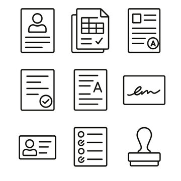 Academic Icons Collection. Line style icons of school and academic documentation: student transcript page, course registration