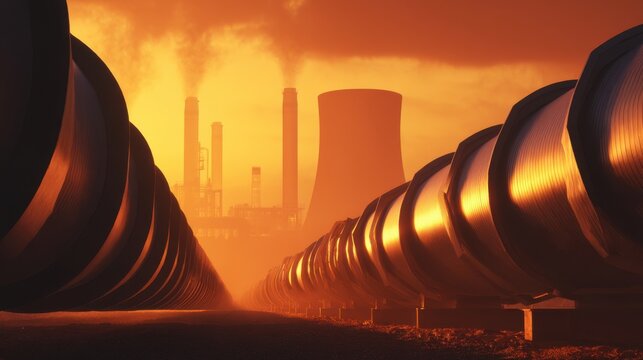 Industrial scene with large cylindrical storage tanks in parallel rows, metallic surfaces reflecting surroundings,