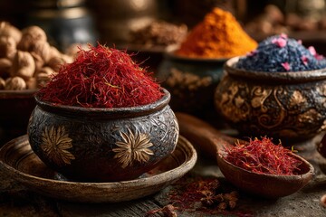 Saffron threads treasure chest Aromatic spices in bowls Culinary treasures Exotic cuisine Food